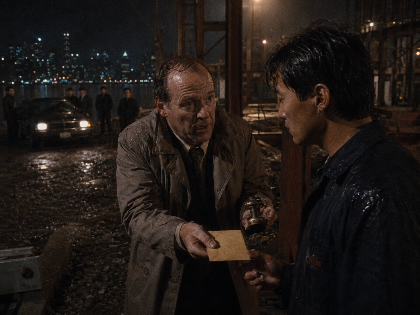 The surveyor hands Marcus Reed the envelope at the construction site